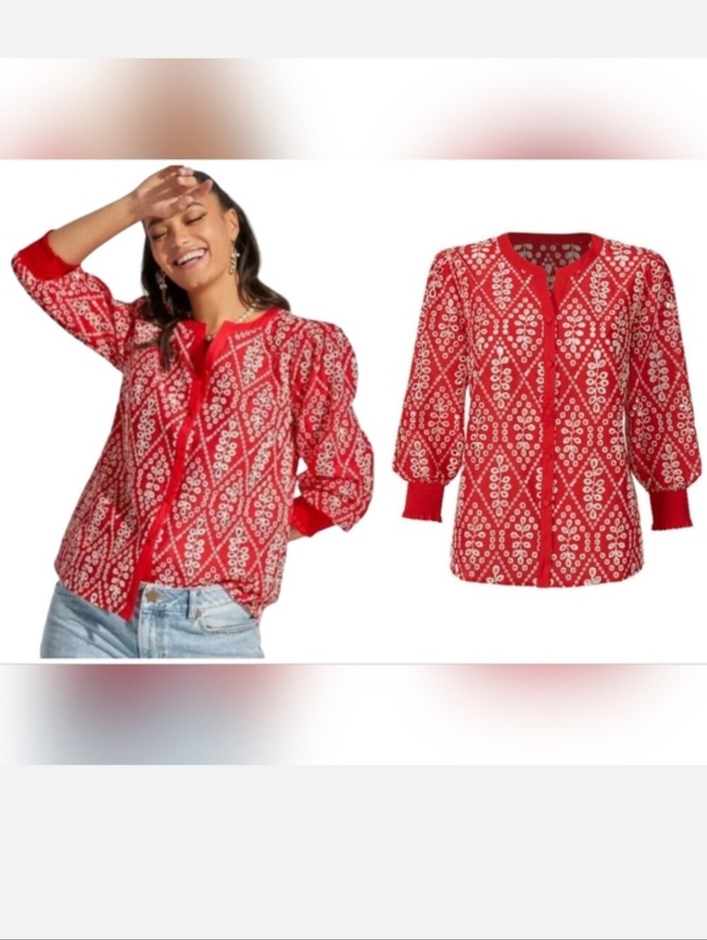Cabi Lyric Embroidered Red White Eyelet top M EUC Cotton July 4 Nautical Summer - Picture 15 of 15
